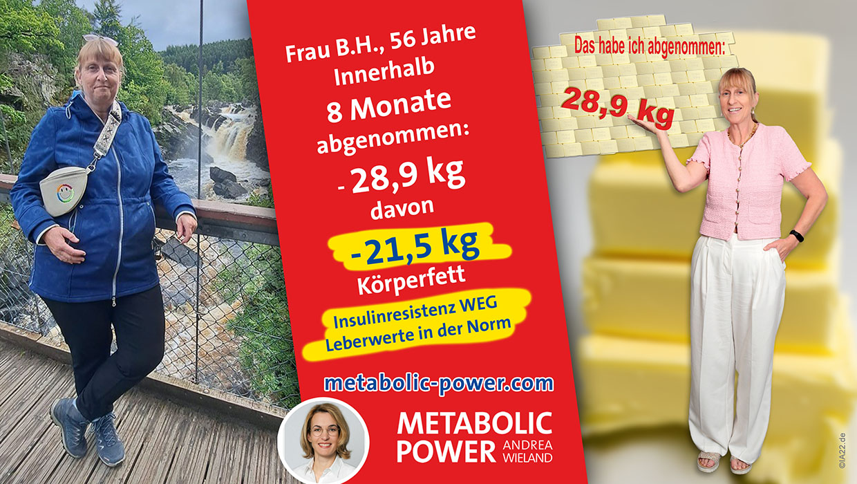 Frau B.H, 56 Jahre in 9 Monaten: -28,9 kg, davon -21,5 kg Körperfett