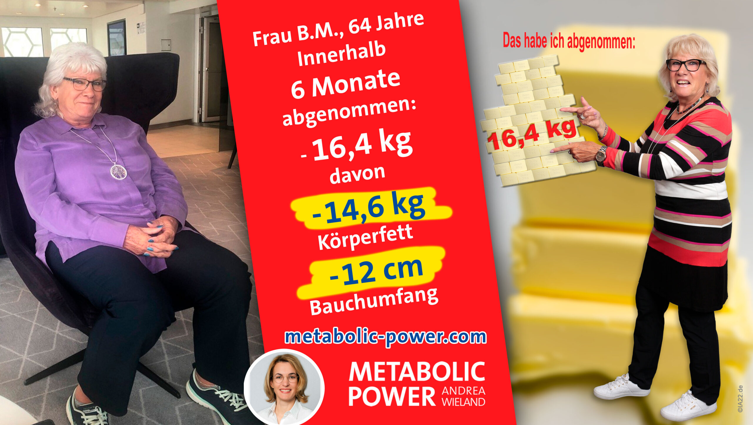 Andrea Wieland abnehmen-aber-sicher Stern-Apotheke Schwebheim Frau B.M., 64 Jahre innerhalb 6 Monate: minus 16,4 kg
