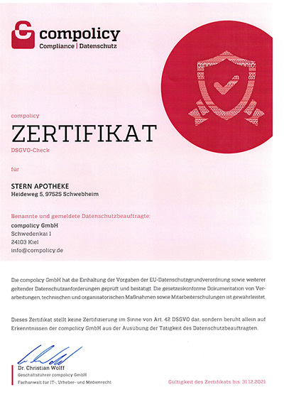 Stern-Apotheke Schwebheim ist Datenschutz zertifiziert