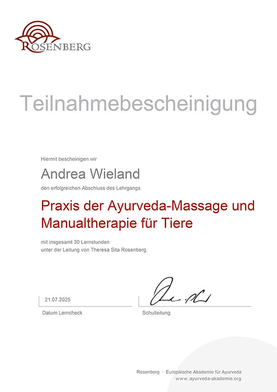 Andrea Wieland Praxis der Ayurveda-Massage und Manualtherapie für Tiere