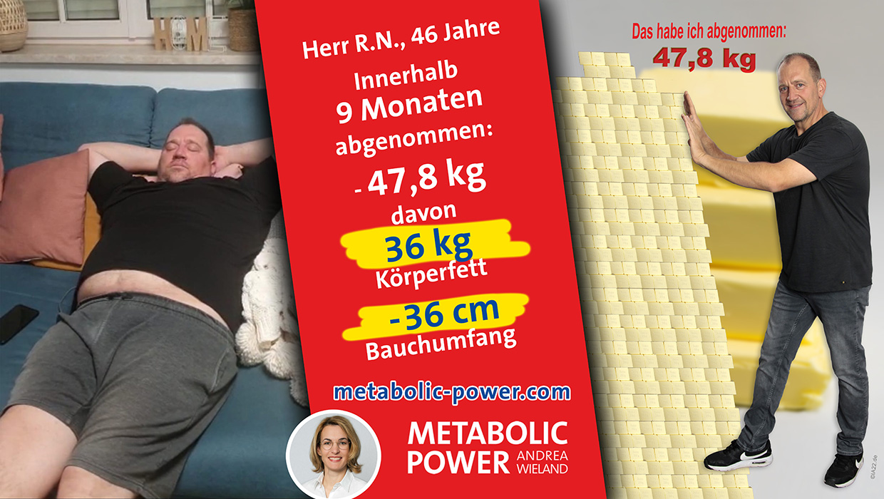 Herr R.N., 46 Jahre in 9 Monaten: - 47,8 kg, davon - 36 kg Körperfett -36 cm Bauchumfang