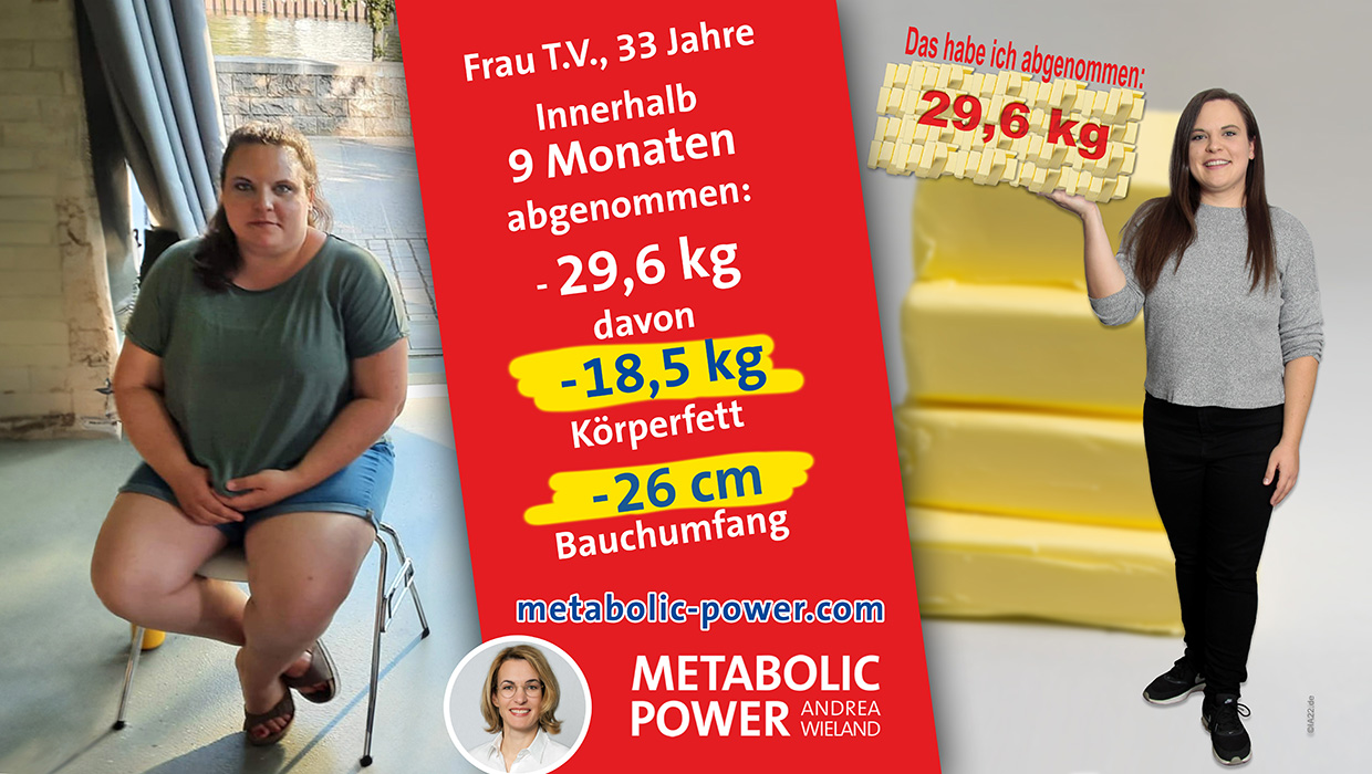 Frau T.V., 33 Jahre in 9 Monaten: - 29,6 kg, davon -18,5 kg Körperfett